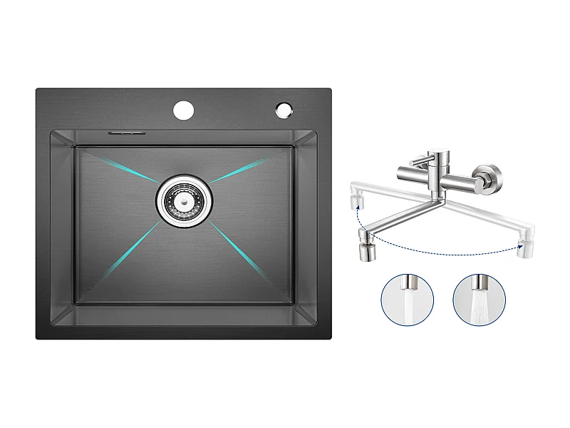 Fregadero de cocina Cecipa MAX 1 seno 50×45×18,5 CM Fregadero de acero inoxidable negro + Mezclador de cocina de pared con 2 chorros cepillados