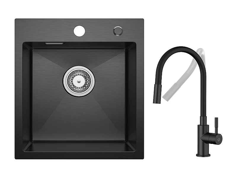 CECIPA MAX Evier de Cuisine Noir 40*45CM - Évier Inox Évier 1 Bac + Flexible Mitigeur de Cuisine, 2 Types de Jets  Robinet Extractible Noir