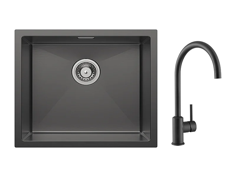 CECIPA MAX Évier de Cuisine 1 Bac Évier Inox 50*44CM Noir Anthracite + Mitigeur de Cuisine en Inox Noir