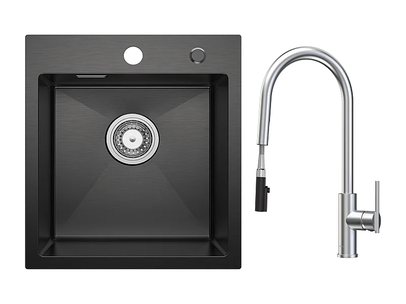 CECIPA MAX Evier de Cuisine Noir 40*45CM - Évier Inox Évier 1 Bac + Mitigeur de Cuisine Avec Douchette Extractible, 2 Modes de Sortie D'eau, Brossé