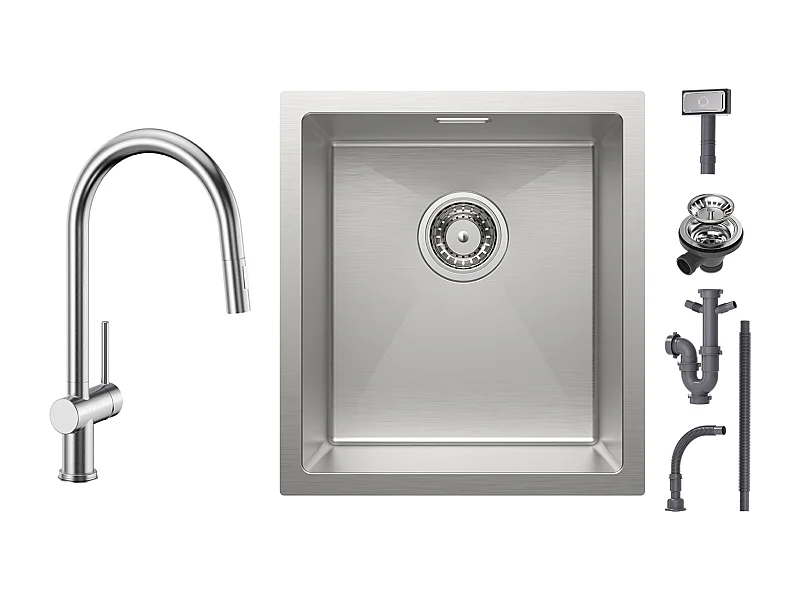 Cecipa max Évier de Cuisine 1 Bac 40x44cm - Évier Inox Évier Encastré Brossé + Mitigeur de Cuisine avec Douchette Extractible, Robinet en Inox Brossé