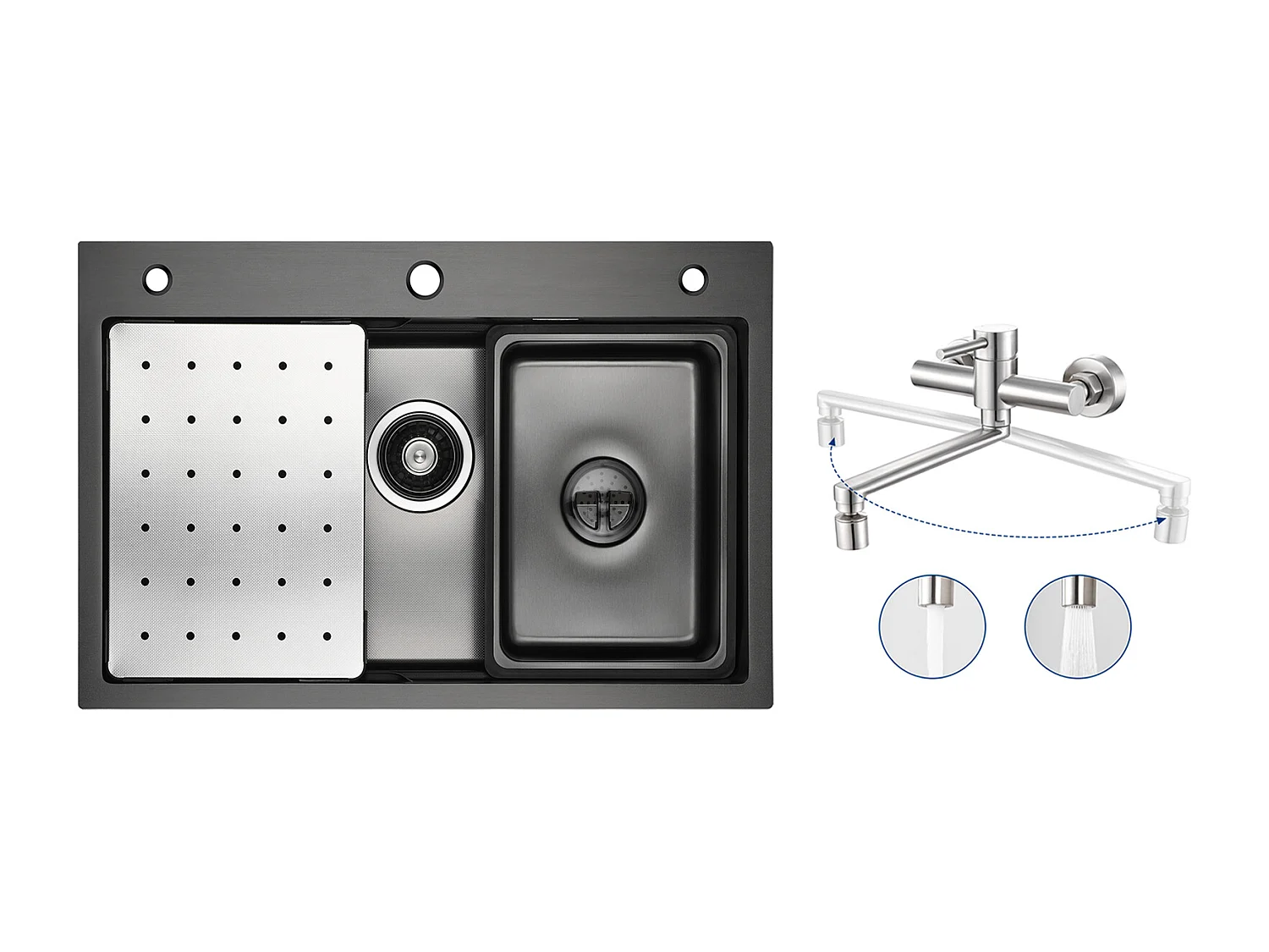 Évier de Cuisine 1 Cuve 70×45×21.5 cm + Egouttoir + Vasque + Distributeur de Savon + Mitigeur de Cuisine Mural avec 2 Jets Brossé