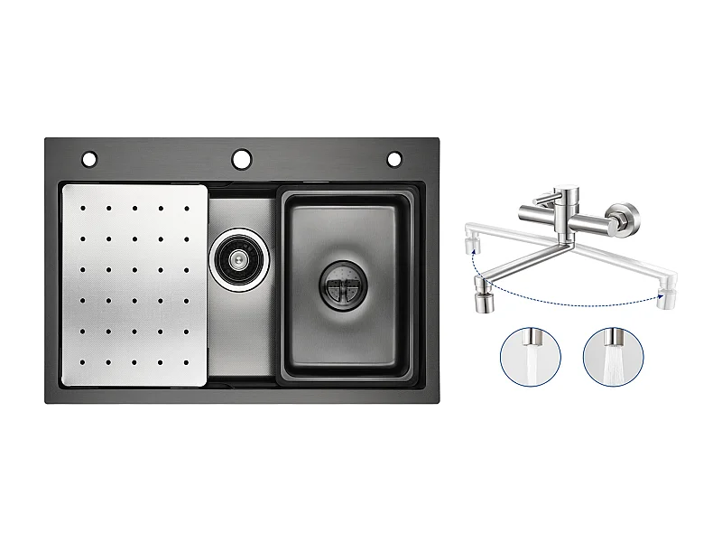 Lavello Cucina 1 Vasca 70×45×21,5 cm + Gocciolatoio + Vaschetta + Dosatore Sapone + Miscelatore Cucina a Parete con 2 Getti Spazzolati