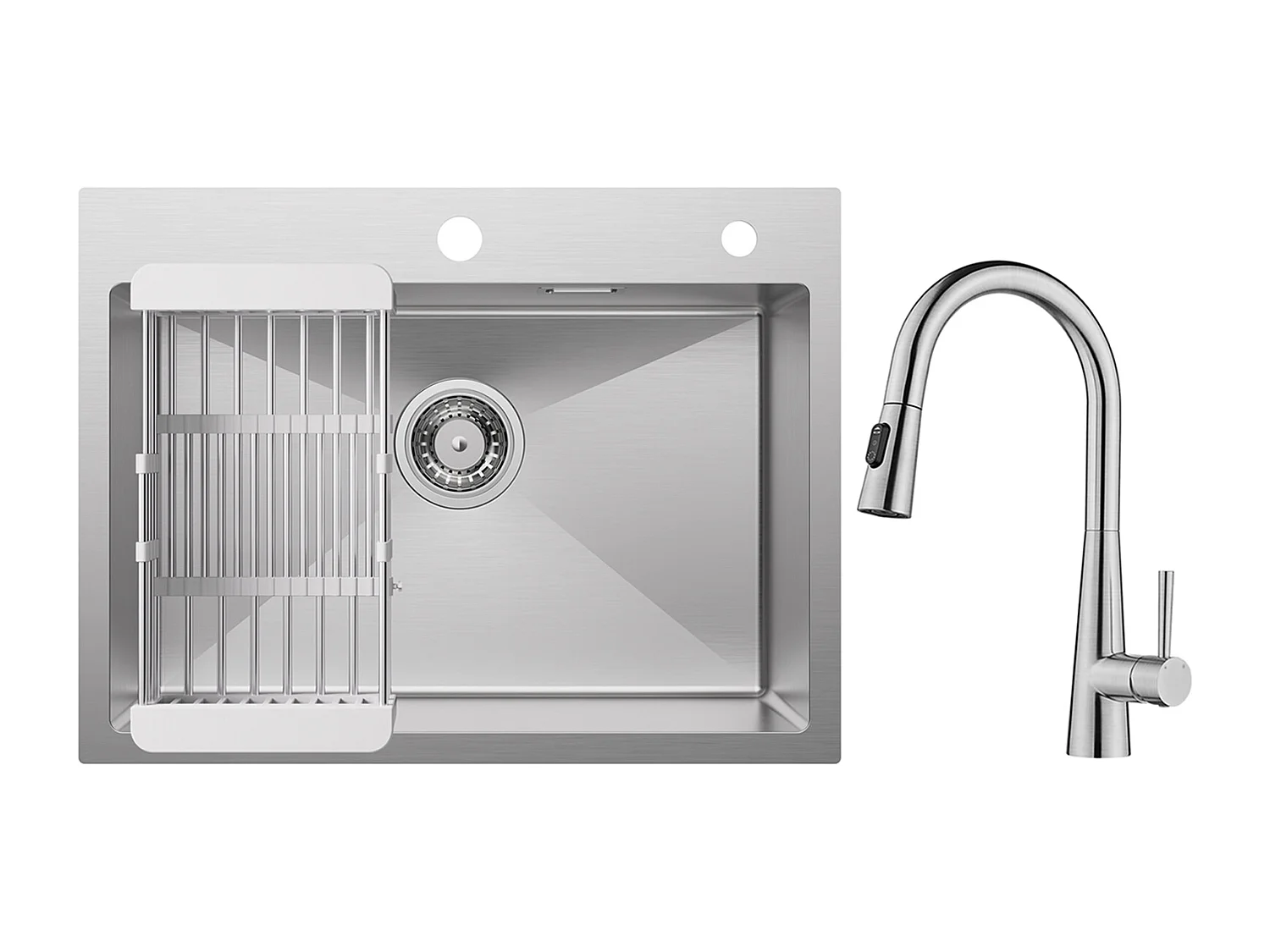 Cecipa max Évier 1 Bac 60×45cm Évier Inox Brossé avec Panier de Drainage + Mitigeur avec Douchette Extractible, 3 Modes de Sortie D'eau, Brossé