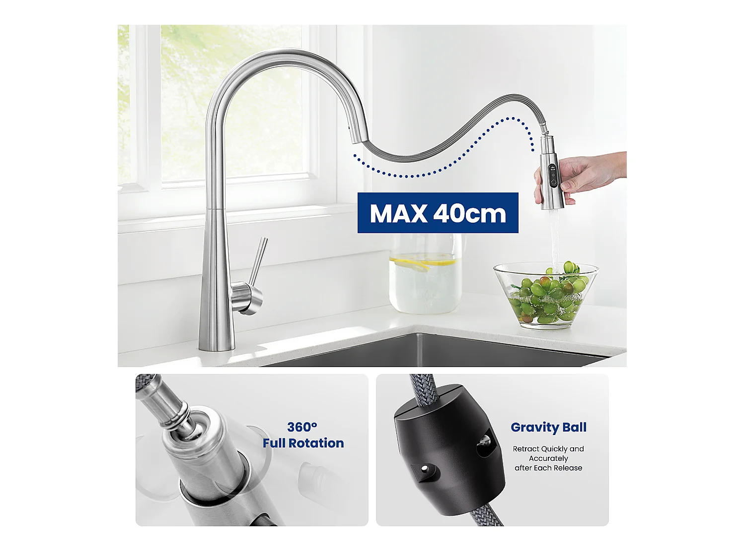 Cecipa max Évier 1 Bac 60×45cm Évier Inox Brossé avec Panier de Drainage + Mitigeur avec Douchette Extractible, 3 Modes de Sortie D'eau, Brossé
