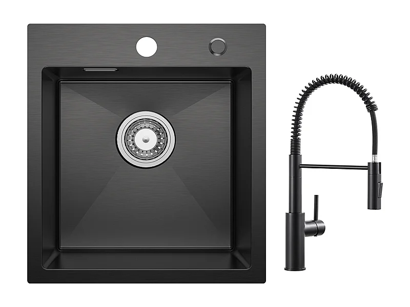 Cecipa max Evier de Cuisine Noir 40*45CM - Évier Inox 1 Bac avec Siphon et Trop-Plein + Mitigeur de Cuisine à Ressort Noir avec Douchette Extractible