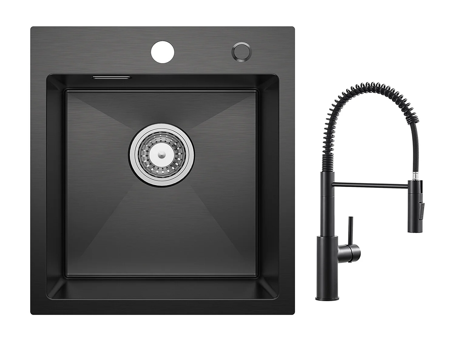 Cecipa max Evier de Cuisine Noir 40*45CM - Évier Inox 1 Bac avec Siphon et Trop-Plein + Mitigeur de Cuisine à Ressort Noir avec Douchette Extractible