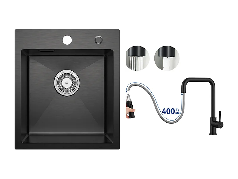 Fregadero de Cocina 1 Seno Negro Antracita 40*45*19CM - Fregadero de Cocina de Acero Inoxidable + Mezclador con Ducha Extraíble, Negro