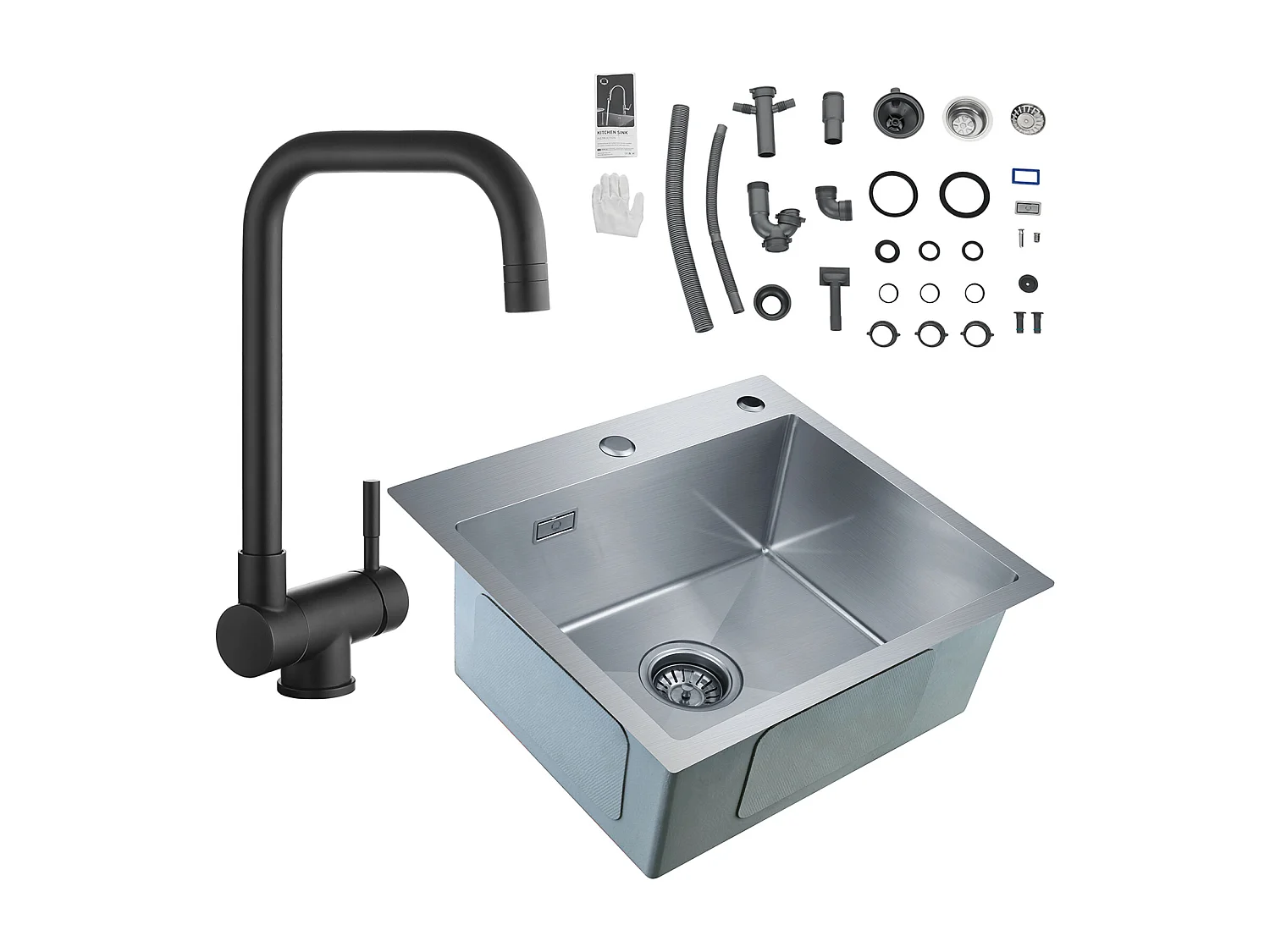 Cecipa max Évier de Cuisine 1 Bac, 50 x 45 x 18,5 cm, Évier de Cuisine Carré Inoxydable Brossé + Robinet de Cuisine Rabattable Noir, Sous Fenêtre