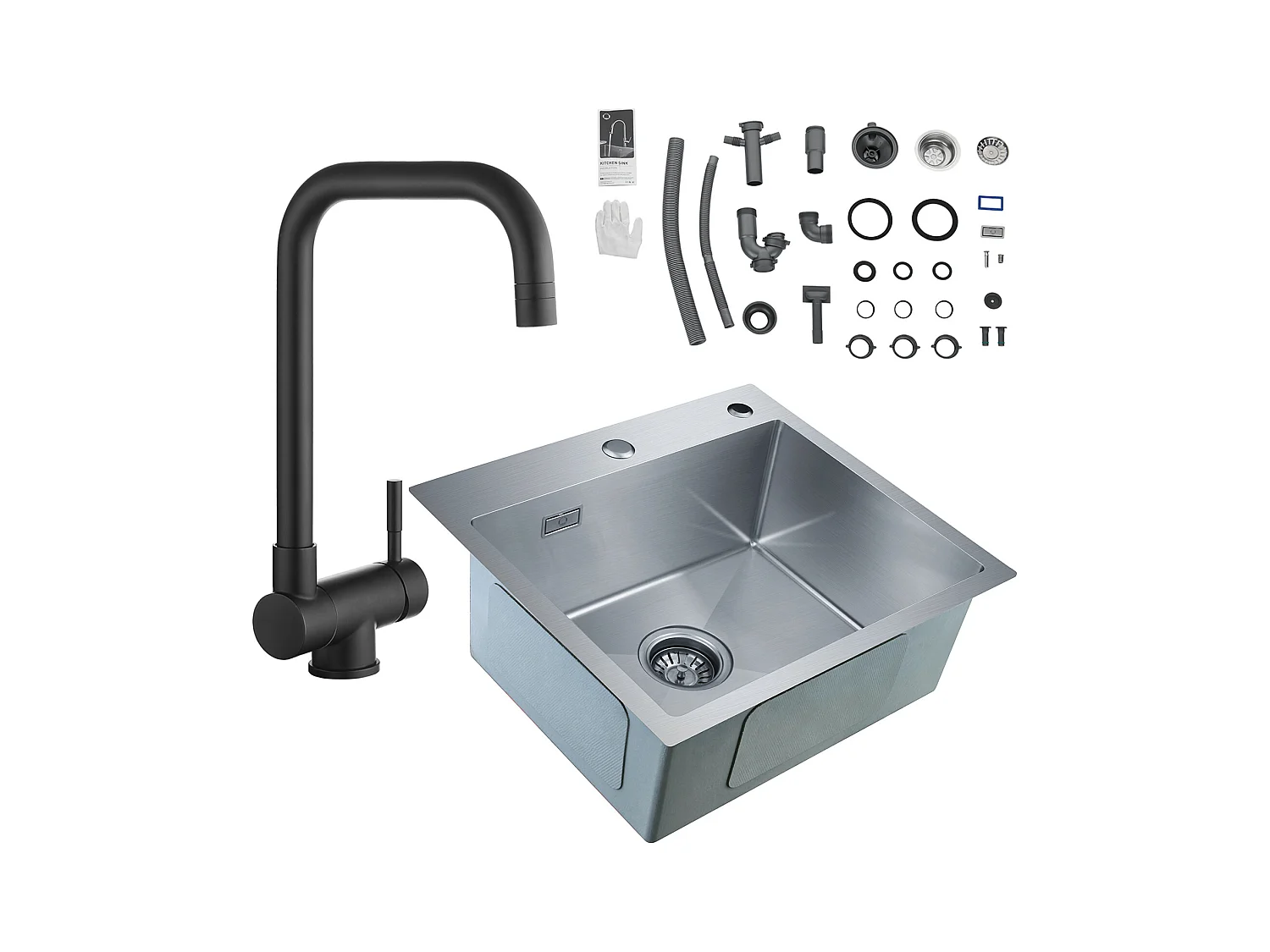 Cecipa max 1 kom keukenspoelbak, 50 x 45 x 18,5 cm, vierkant geborsteld roestvrij keukenspoelbak + zwarte opvouwbare keukenkraan, onder raam