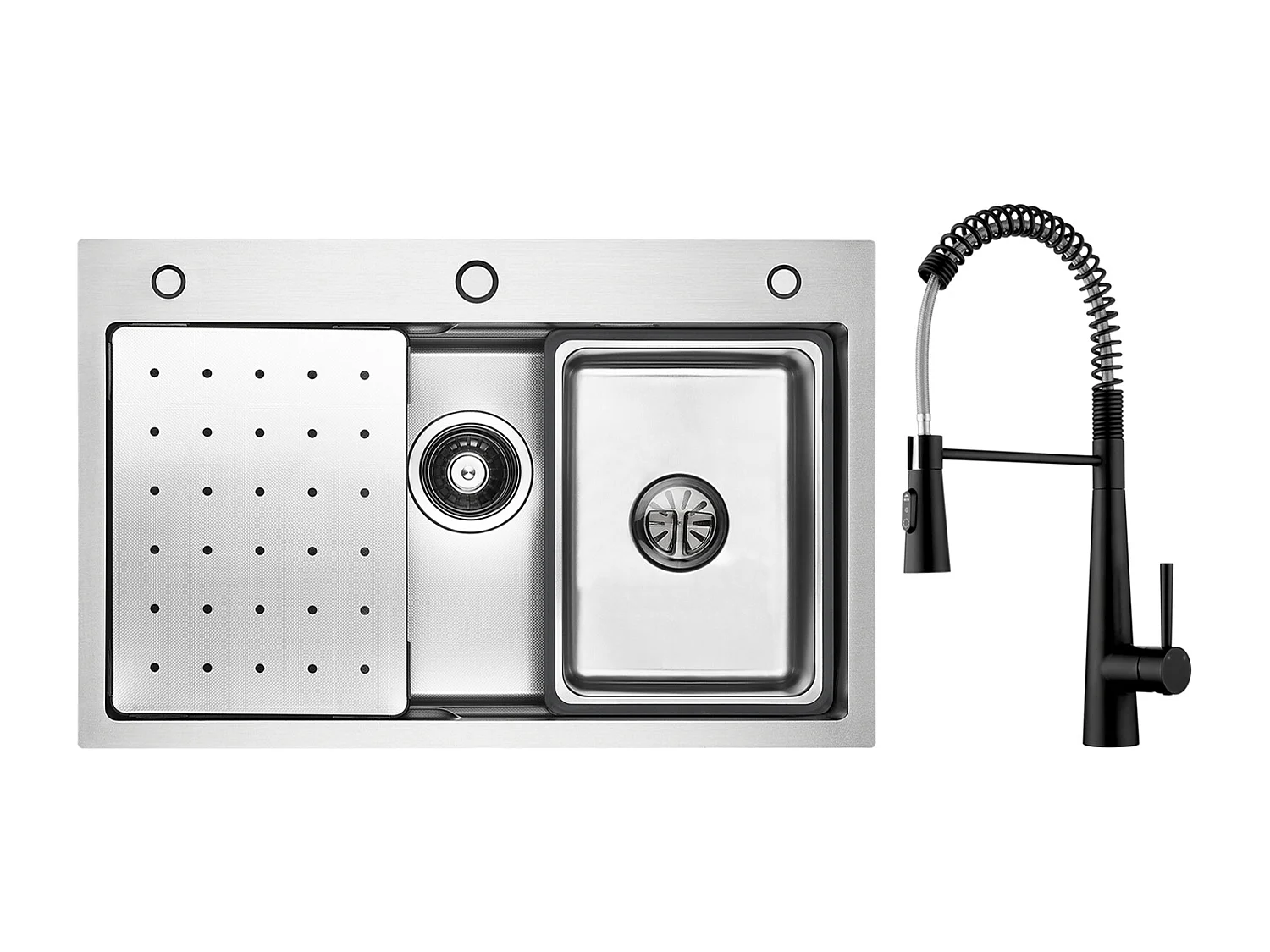 Cecipa max Évier Inox 70×45×CM avec Egouttoir, Vasque et Distributeur de Savon + Mitigeur de Cuisine à Ressort avec 3 Modes de Sortie D'eau, Noir