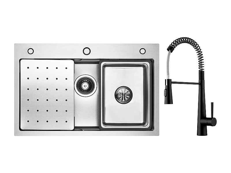 Cecipa max roestvrijstalen spoelbak 70×45×CM met afdruiprek, wastafel en zeepdispenser + lente keukenmengkraan met 3 waterafvoermodi, zwart