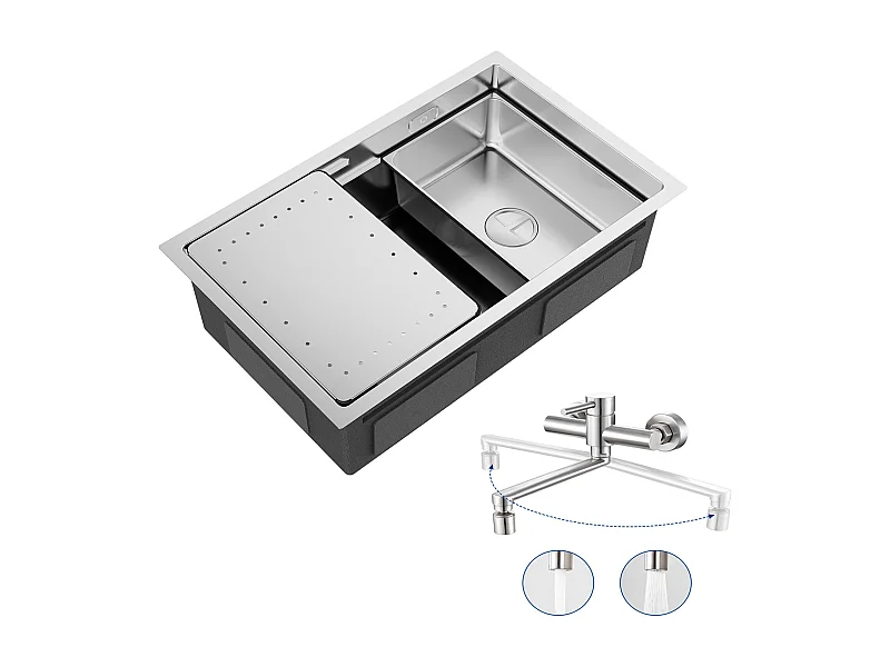 Becken Küchenspüle 70×44×21CM Spüle aus gebürstetem Edelstahl mit Abtropffläche und Becken + wandmontierte Küchenmischbatterie mit 2 gebürsteten Düsen