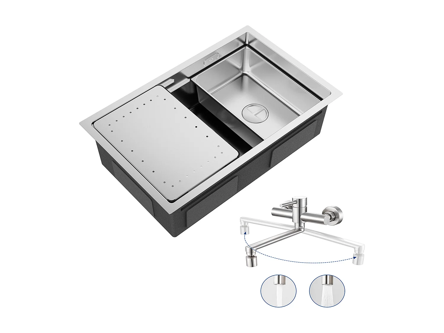 Évier Cuisine 1 Bac 70×44×21CM Évier Inox Brossé avec Egouttoir et Vasque + Mitigeur de Cuisine Mural avec 2 Jets Brossé