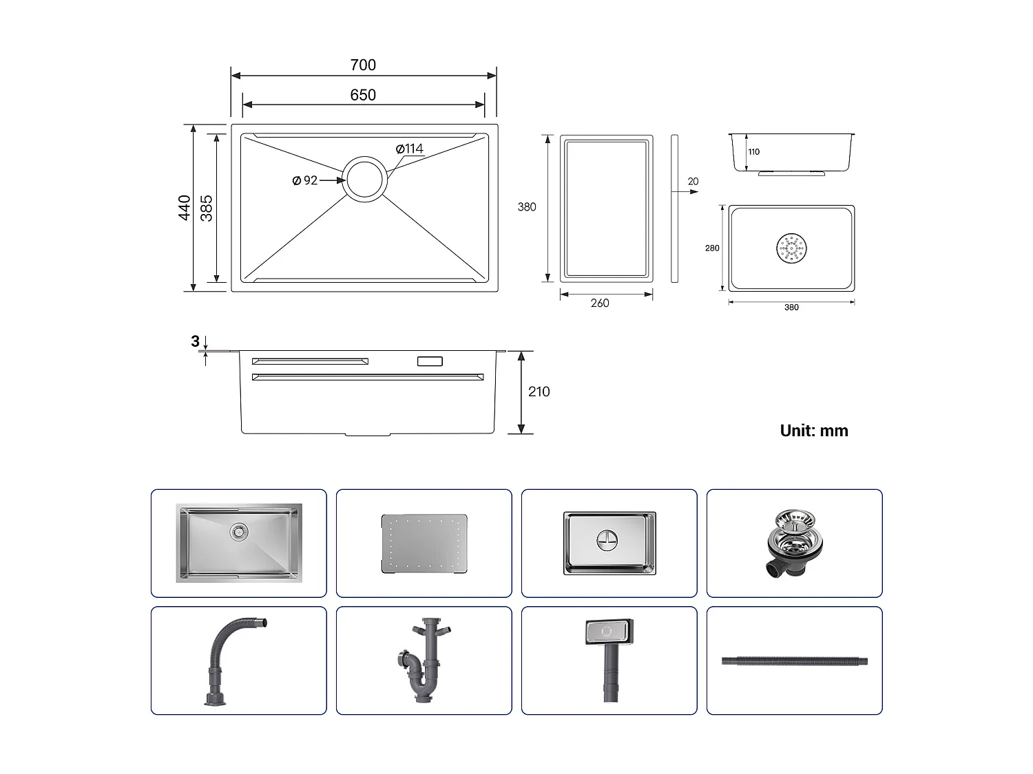 Évier Cuisine 1 Bac 70×44×21CM Évier Inox Brossé avec Egouttoir et Vasque + Mitigeur de Cuisine Mural avec 2 Jets Brossé