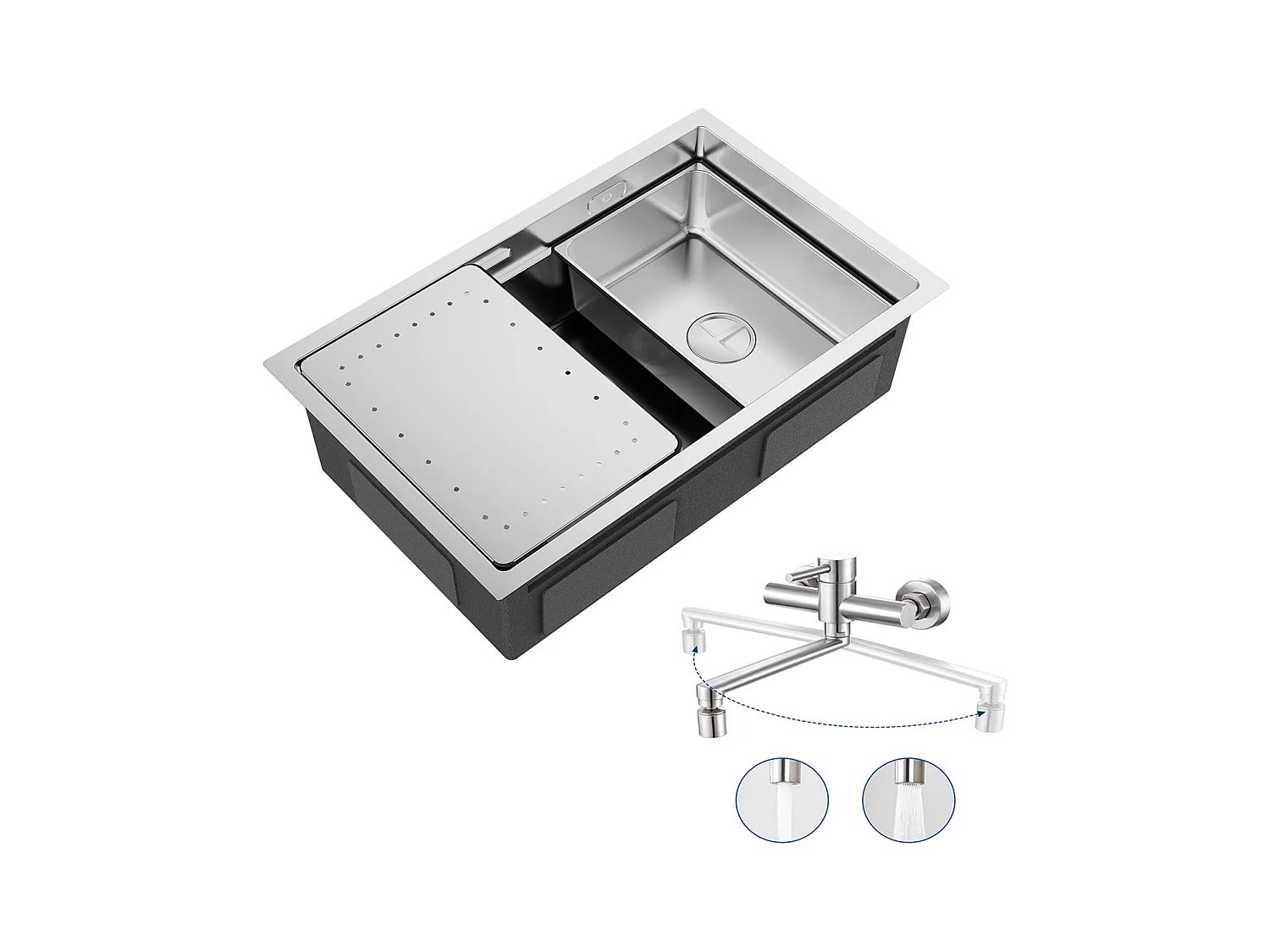 Évier Cuisine 1 Bac 70×44×21CM Évier Inox Brossé avec Egouttoir et Vasque + Mitigeur de Cuisine Mural avec 2 Jets Brossé