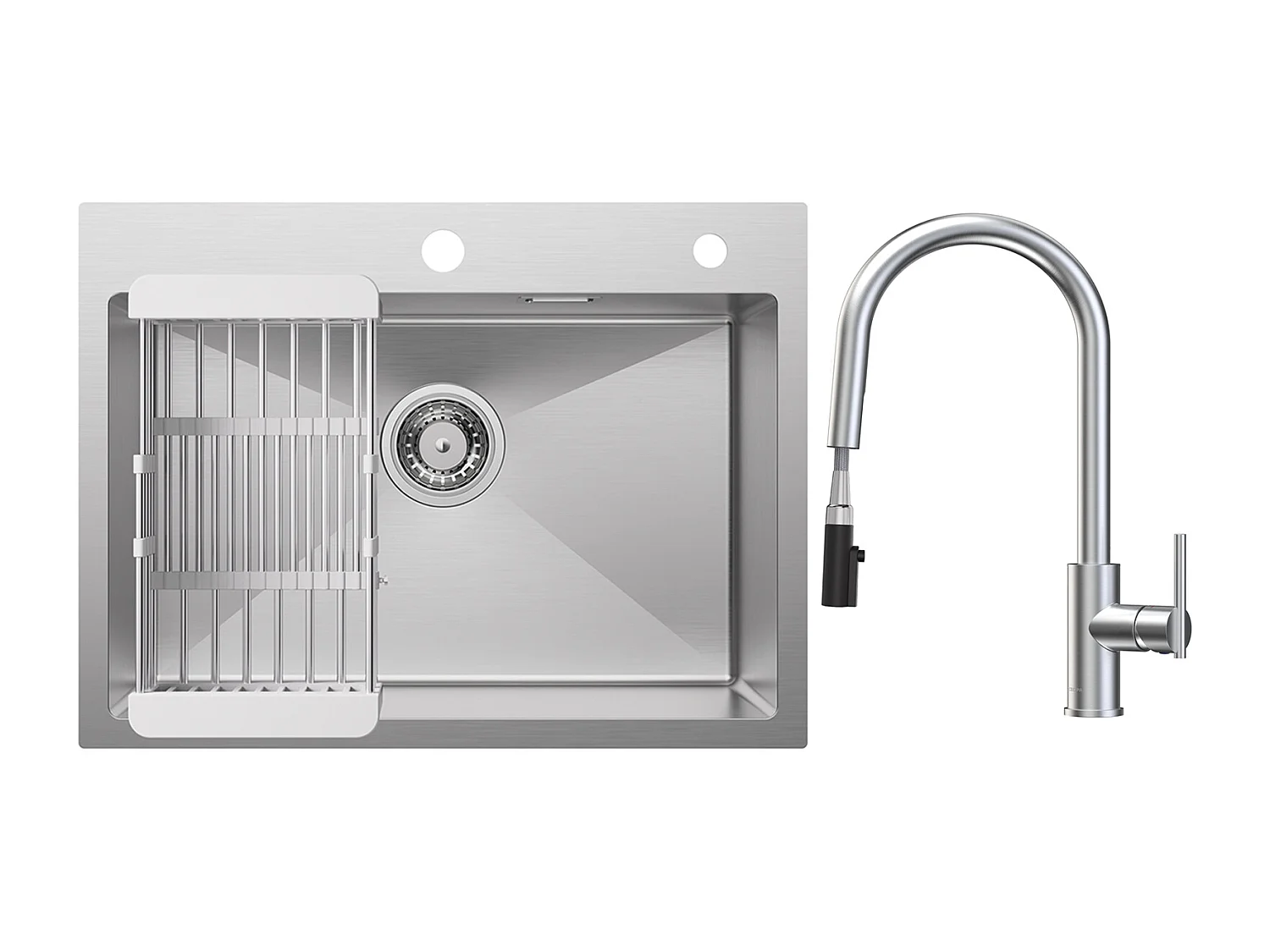 Évier 1 Bac 60×45cm Évier Inox Brossé avec Panier de Drainage + Mitigeur de Cuisine Avec Douchette Extractible, 2 Modes de Sortie D'eau, Brossé