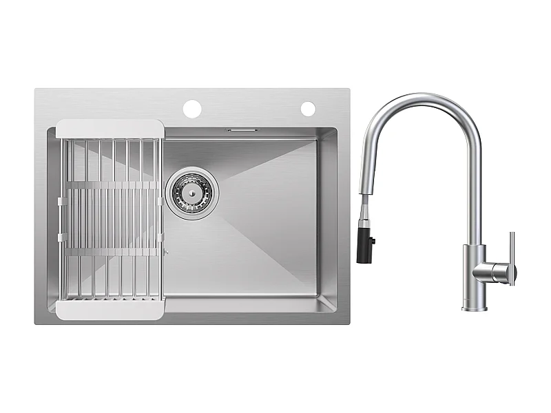 1 Becken Spüle 60×45cm Spüle aus gebürstetem Edelstahl mit Ablaufkorb + Küchenmischbatterie mit ausziehbarer Brause, 2 Wasserauslassmodi, gebürstet