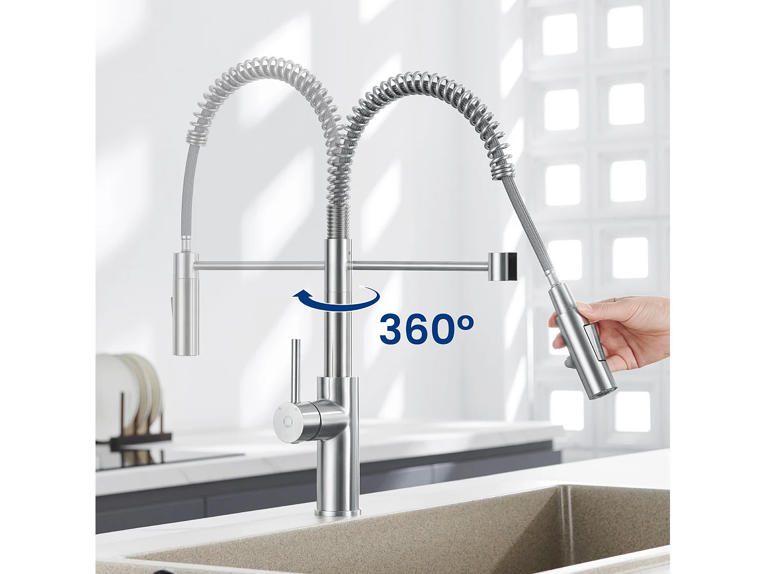 Cecipa max Brossé Évier de Cuisine 60×45CM Évier 1 Bac Inox avec Panier de Drainage + Mitigeur de Cuisine à Ressort Brossé avec Douchette Extractible