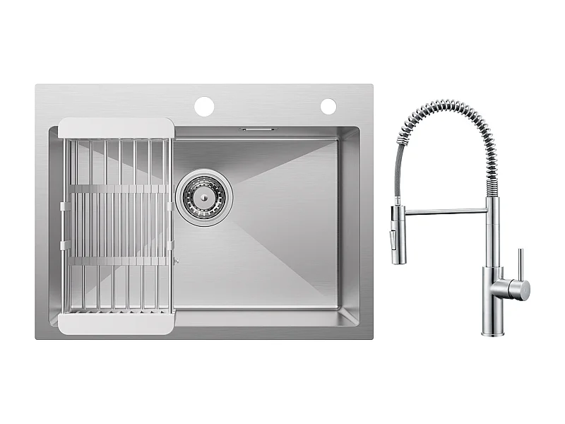 Cecipa max Brossé Évier de Cuisine 60×45CM Évier 1 Bac Inox avec Panier de Drainage + Mitigeur de Cuisine à Ressort Brossé avec Douchette Extractible