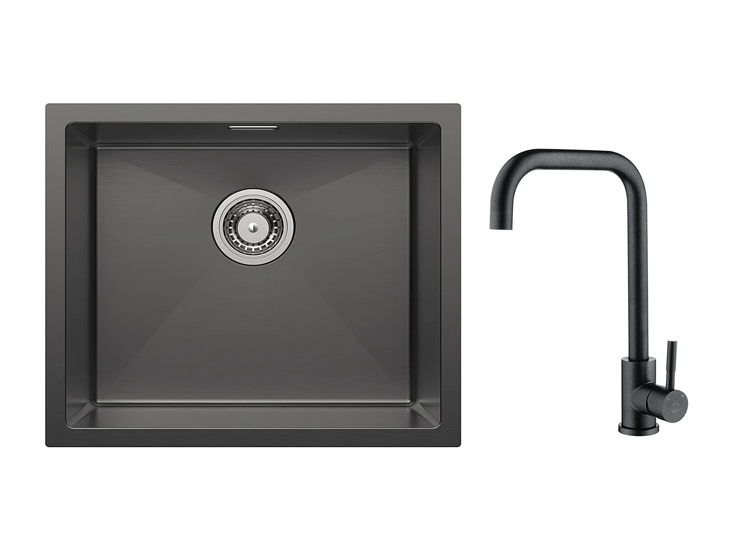 CECIPA MAX Évier de Cuisine 1 Bac Évier Inox 50*44CM Noir Anthracite + Mitigeur de Cuisine en Inox Noir étoilé avec Bec Haut et Incurvé