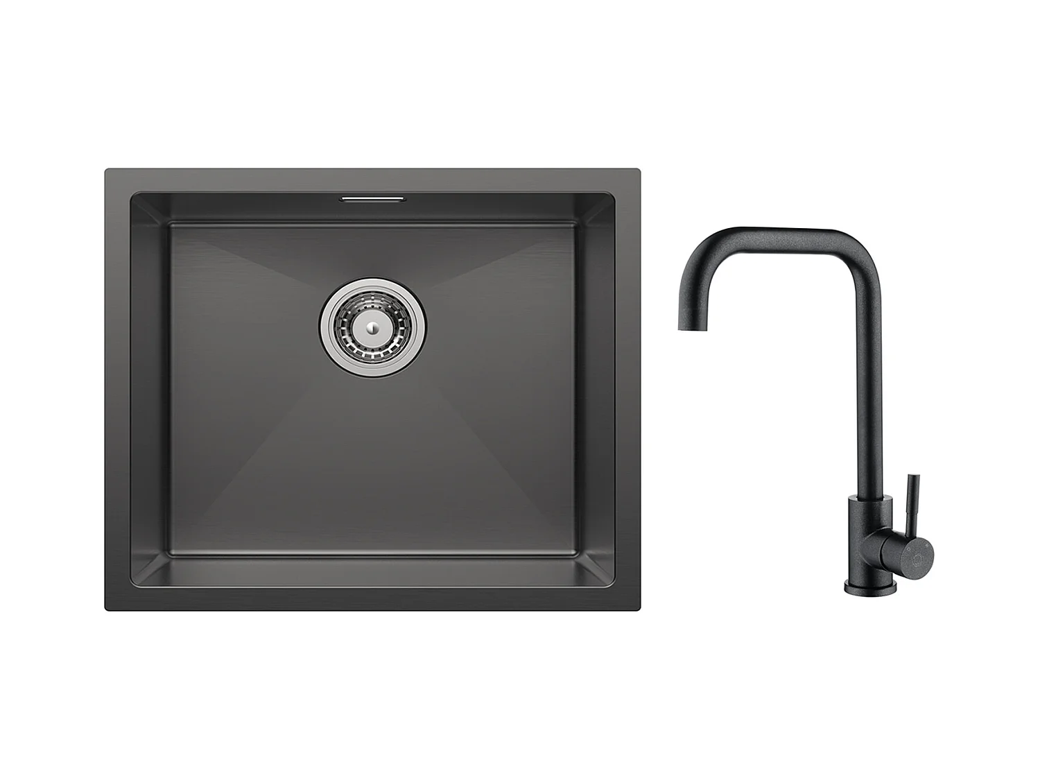 CECIPA MAX Évier de Cuisine 1 Bac Évier Inox 50*44CM Noir Anthracite + Mitigeur de Cuisine en Inox Noir étoilé avec Bec Haut et Incurvé