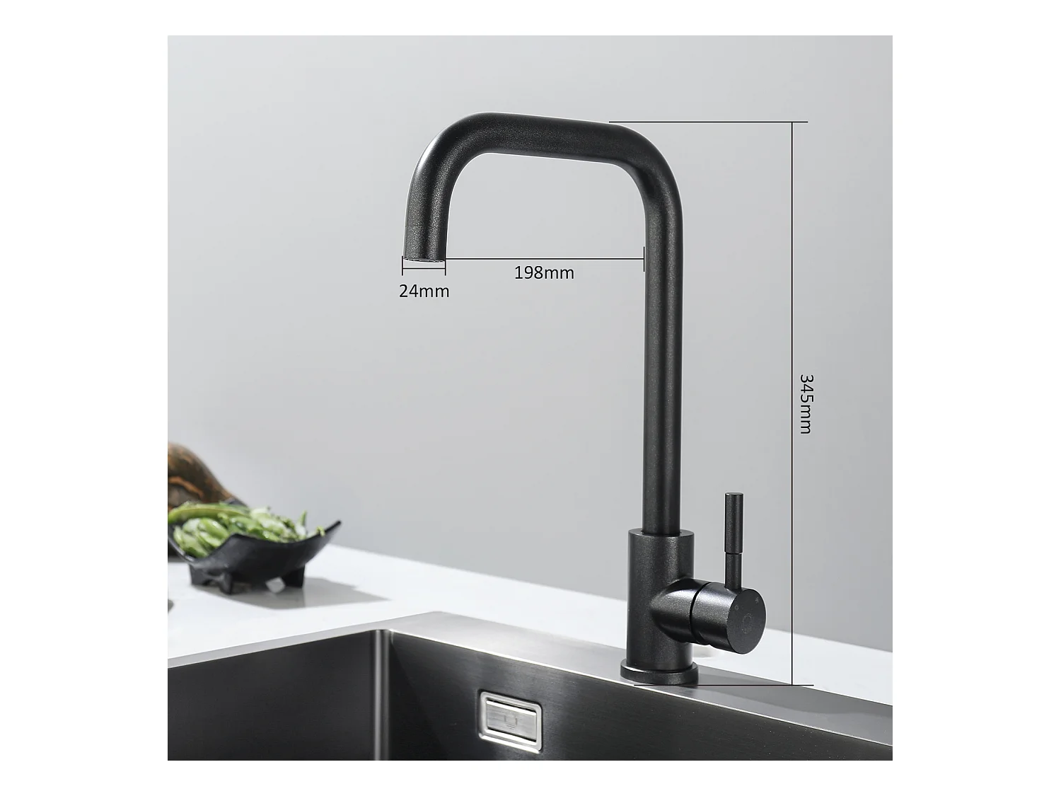 CECIPA MAX 1 Becken Küchenspüle Edelstahlspüle 50*44CM Anthrazit Schwarz + Sternenschwarz Edelstahl Küchenmischbatterie mit hohem gebogenem Auslauf