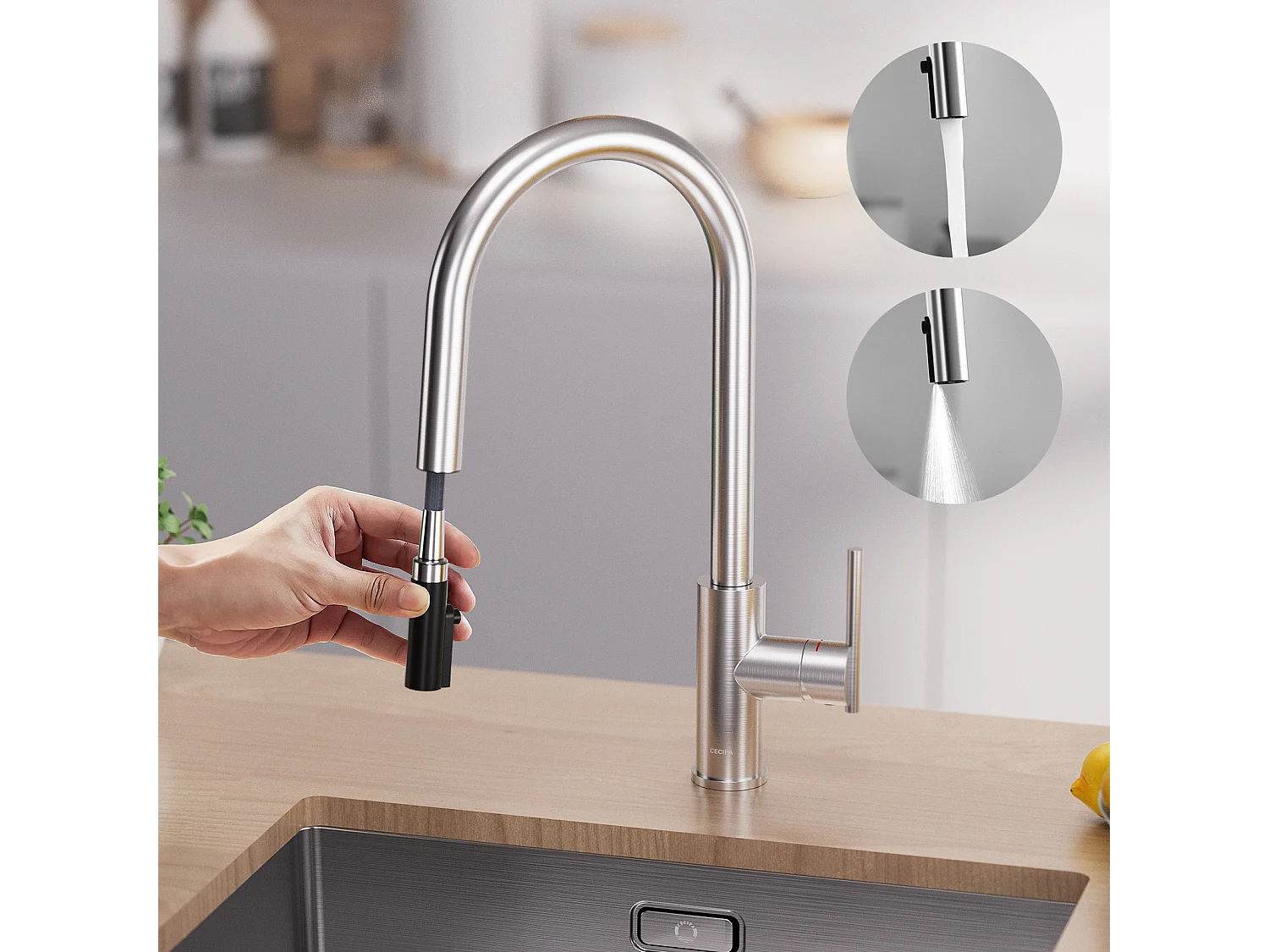 CECIPA MAX Évier 1 Bac 70×44cm Évier Brossé avec Egouttoir et Vasque + Mitigeur de Cuisine Avec Douchette Extractible, 2 Modes de Sortie D'eau, Brossé