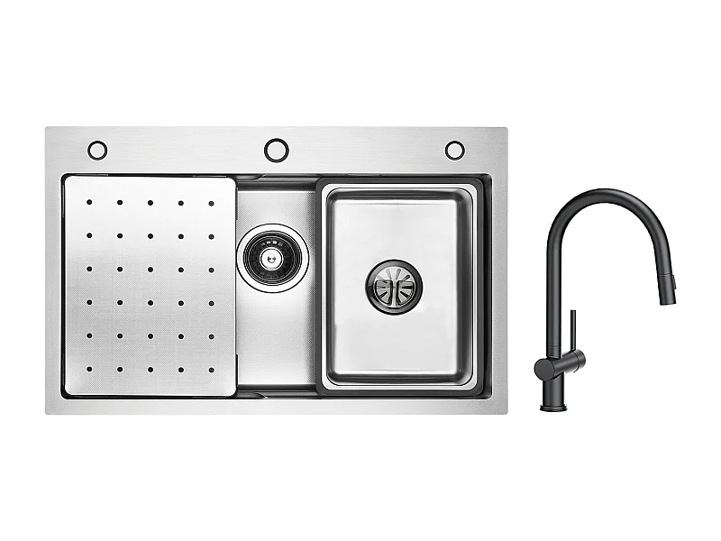 Cecipa max Évier Inox 70×45×21.5CM avec Egouttoir, Vasque et Distributeur de Savon + Mitigeur Cuisine avec Douchette Extractible avec 2 Types de Jet
