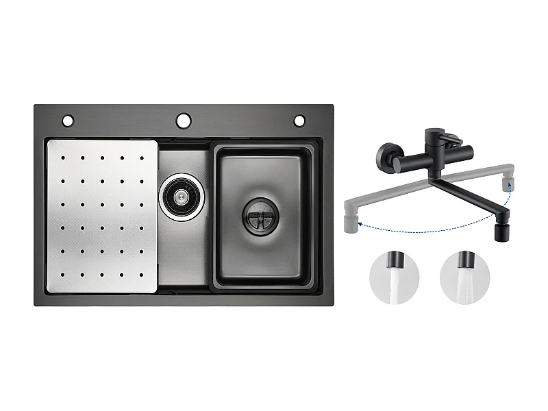 Évier de Cuisine 1 Cuve 70×45×21.5 cm + Egouttoir + Vasque + Distributeur de Savon + Mitigeur de Cuisine Mural avec 2 Jets Noir