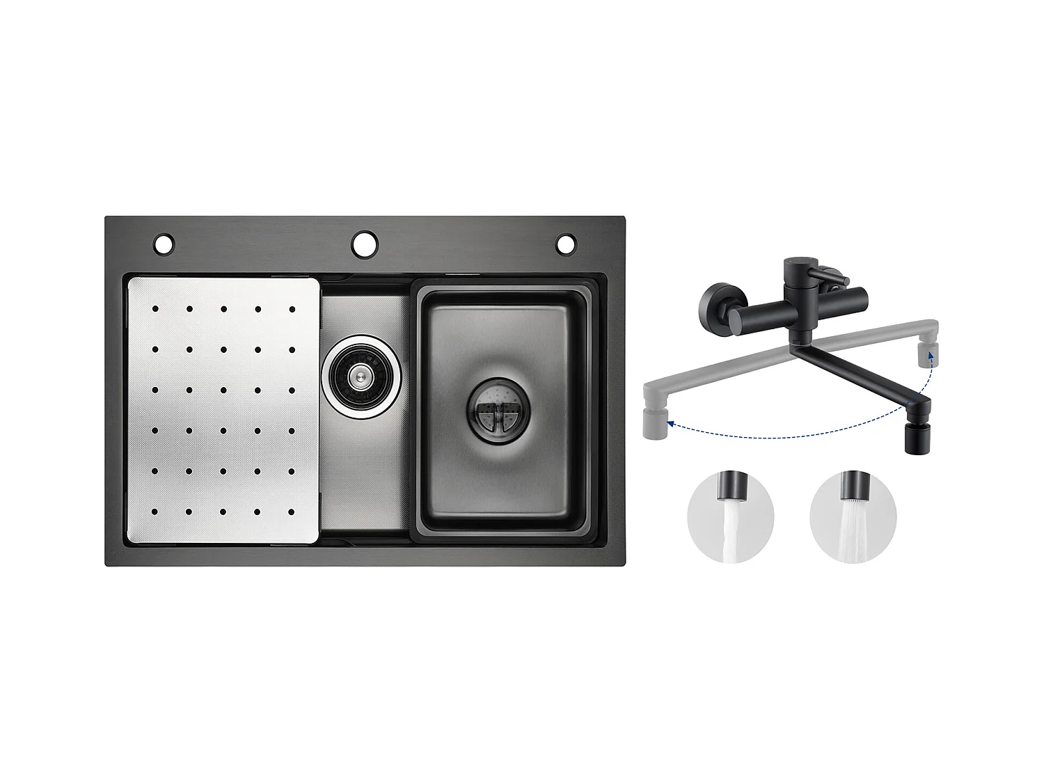 Évier de Cuisine 1 Cuve 70×45×21.5 cm + Egouttoir + Vasque + Distributeur de Savon + Mitigeur de Cuisine Mural avec 2 Jets Noir