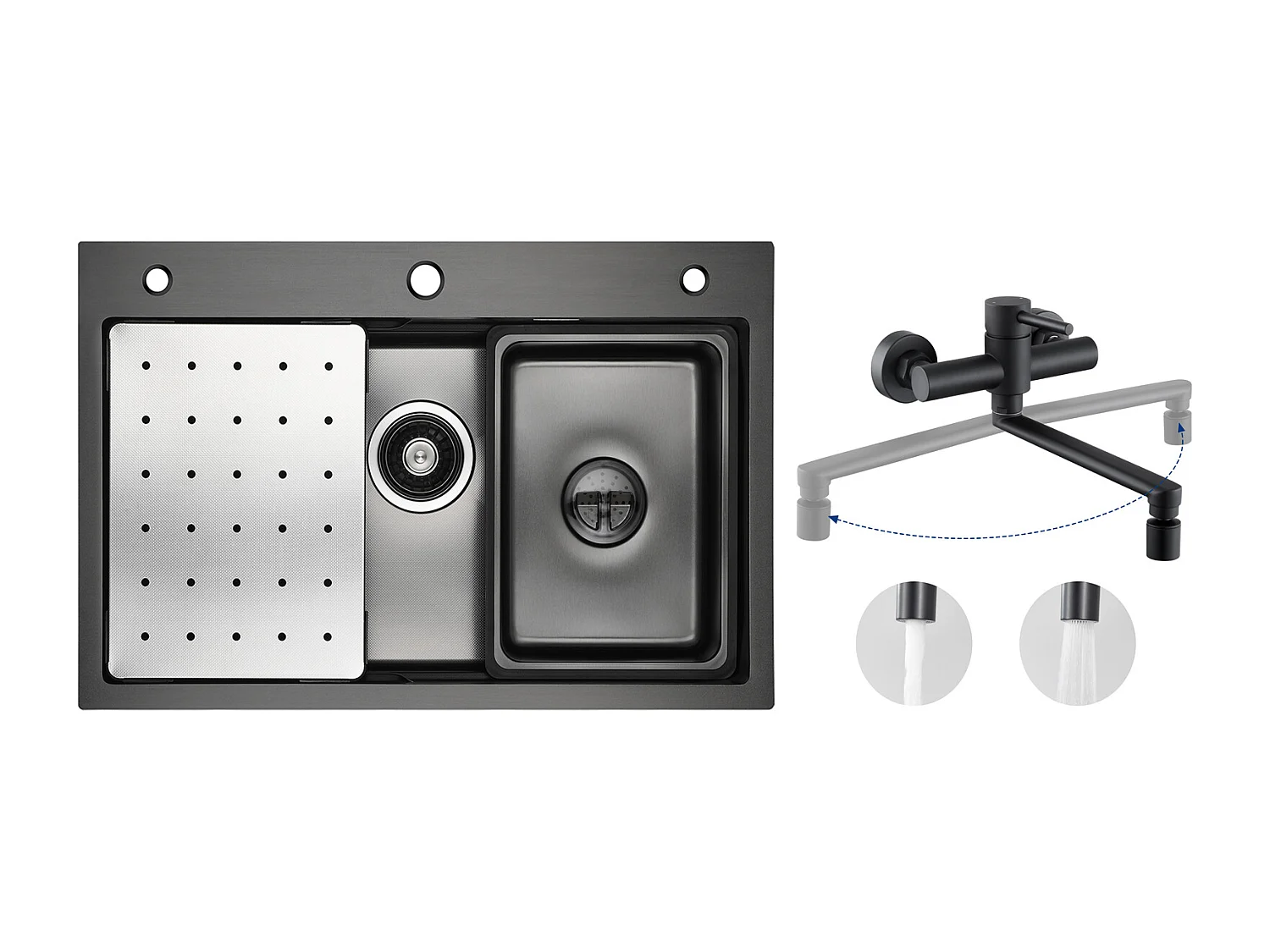 Spoelbak 1 Kom 70×45×21,5 cm + Afdruiprek + Wastafel + Zeepdispenser + Wandkeukenmixer met 2 Jets Zwart