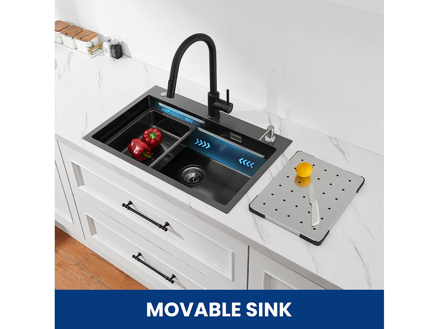 Spoelbak 1 Kom 70×45×21,5 cm + Afdruiprek + Wastafel + Zeepdispenser + Wandkeukenmixer met 2 Jets Zwart