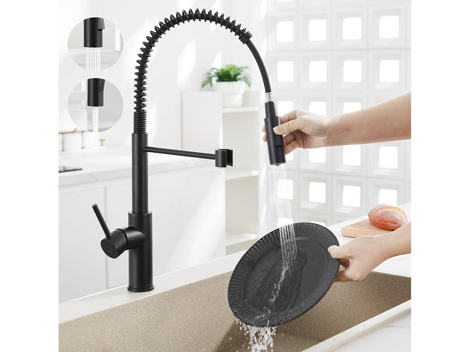 Cecipa max Brossé Évier de Cuisine 60×45CM Évier 1 Bac Inox avec Panier de Drainage + Mitigeur de Cuisine à Ressort Noir avec Douchette Extractible