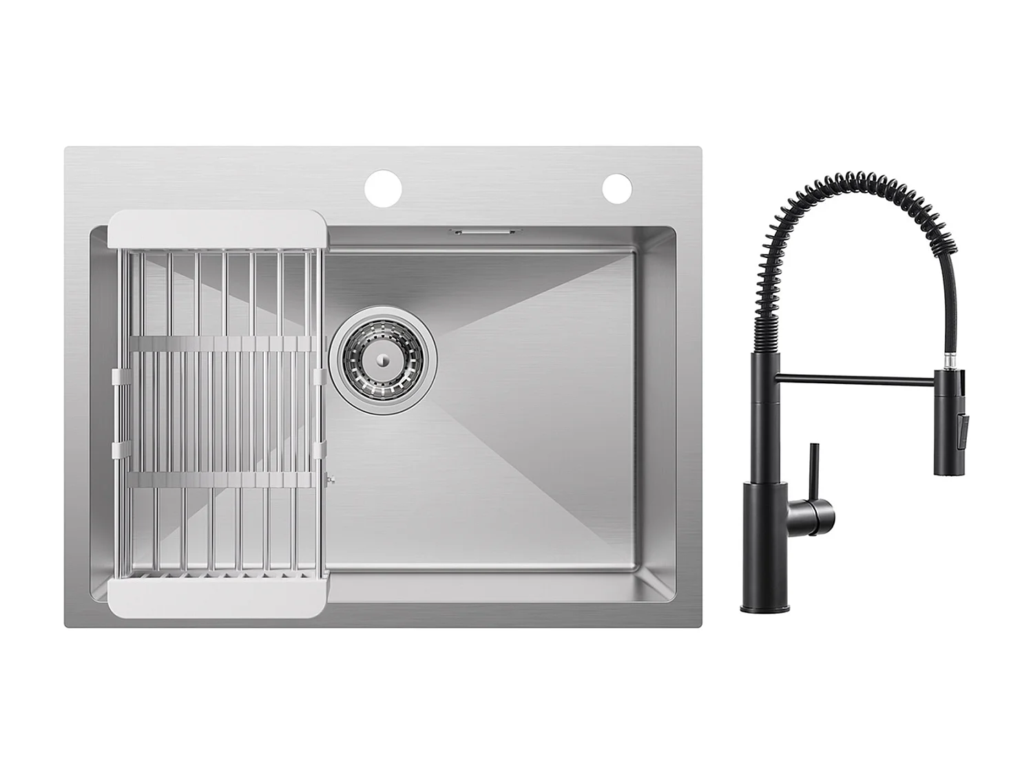 Cecipa max Geborstelde Keukenspoelbak 60×45CM 1 Bak RVS Spoelbak met Afvoermand + Zwarte Lente Keukenmengkraan met Uittrekbare Sproeier