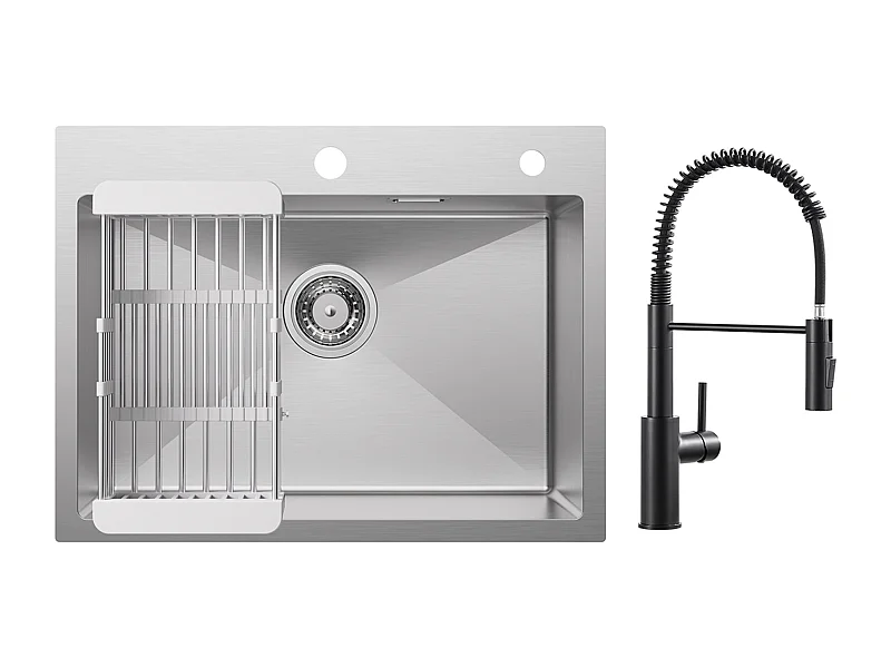 Cecipa max Geborstelde Keukenspoelbak 60×45CM 1 Bak RVS Spoelbak met Afvoermand + Zwarte Lente Keukenmengkraan met Uittrekbare Sproeier