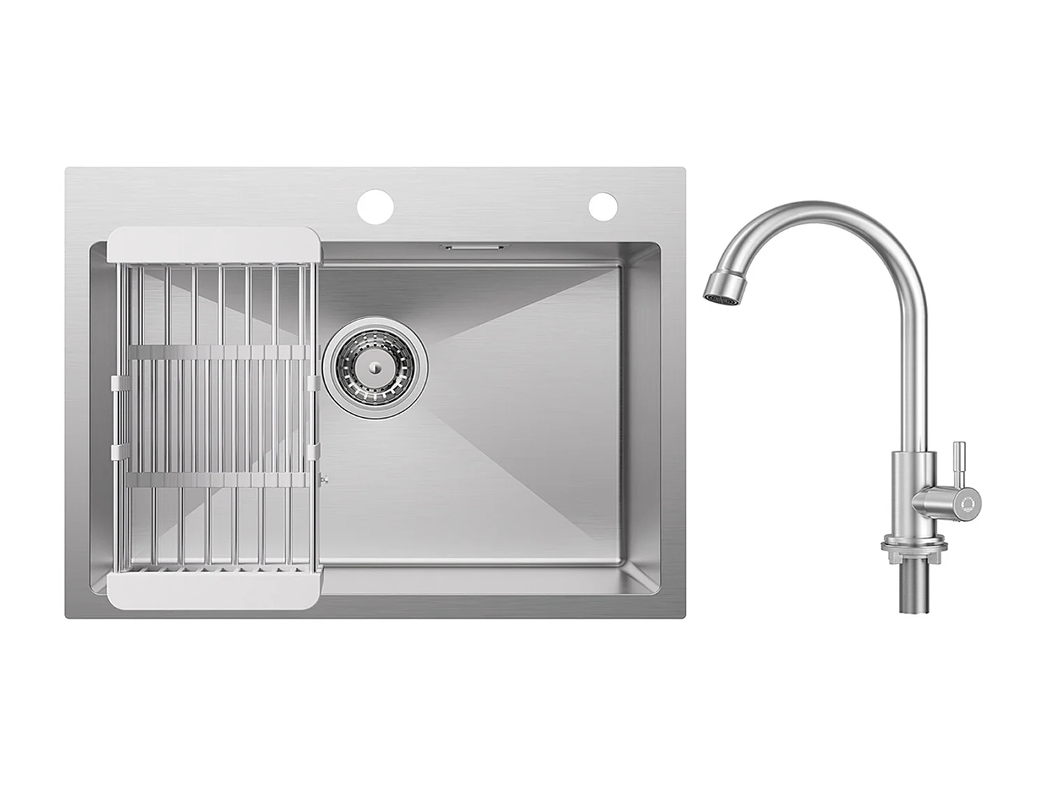 Évier Cuisine 1 Bac 60×45×18CM Évier Inox Brossé avec Panier de Drainage + Robinet de Cuisine à eau Froide,Brossé