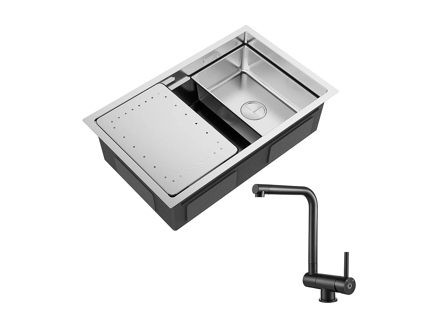 Évier Cuisine 1 Bac 70×44×21CM Évier Inox Brossé avec Egouttoir et Vasque + Mitigeur de Cuisine Rabattable Noir