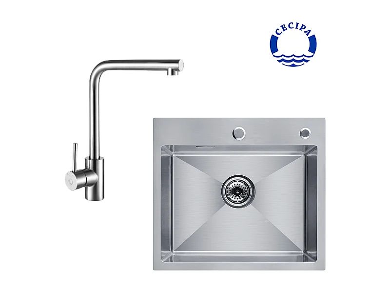 Cecipa max 2 en 1  Evier de cuisine 1 Bac Évier de Cuisine Carré Inoxydable Brossé 50*45*18.5cm + Robinet de Cuisine Chrome Mitigeur de Evier