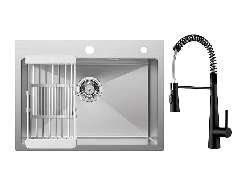 Lavello Cecipa Max 1 Vasca 60×45 cm Lavello in Acciaio Inox Spazzolato con Cestello di Scarico + Miscelatore Cucina a Molla con 3 Modalità di Uscita Acqua, Nero