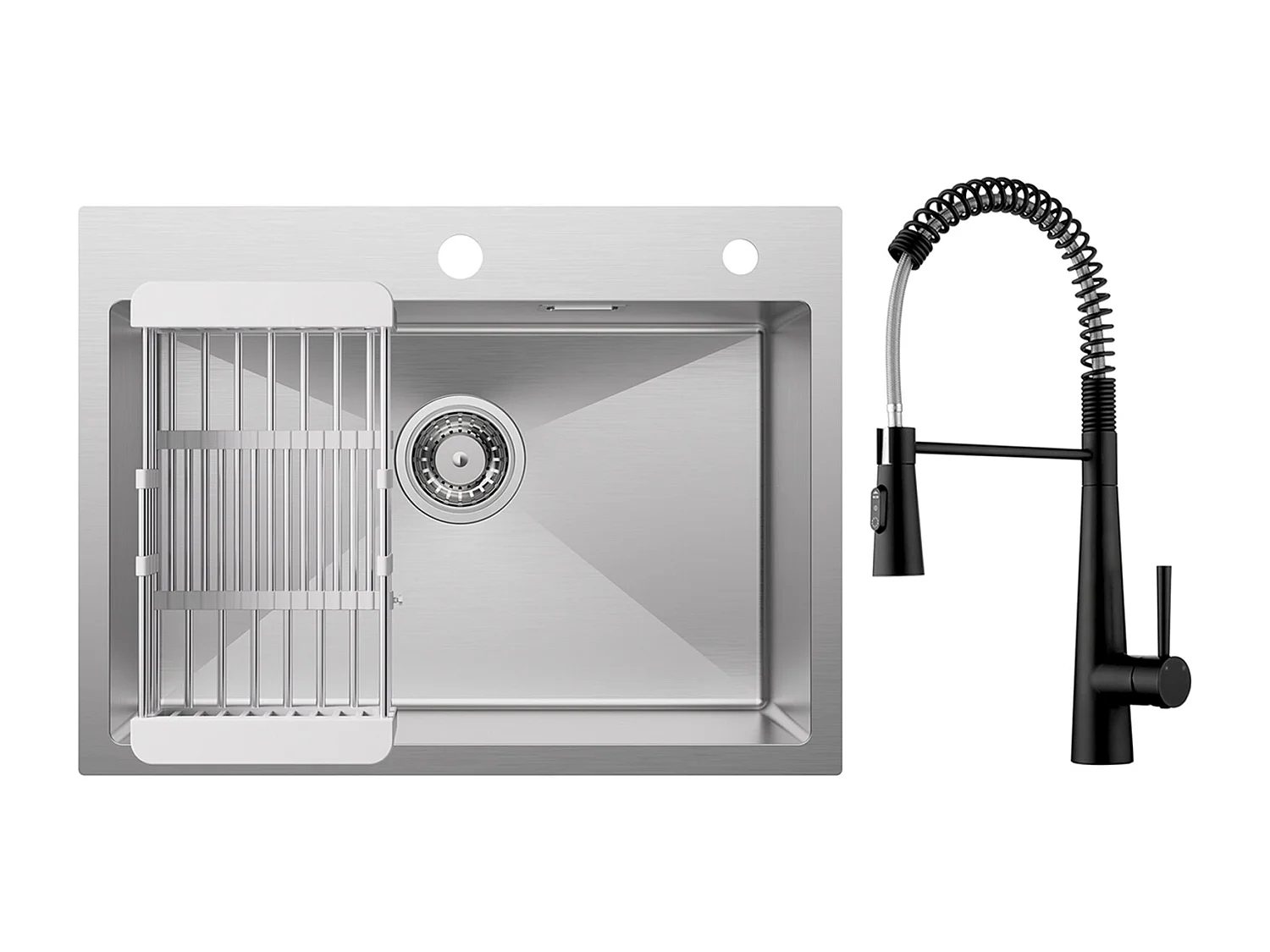 Cecipa max Évier 1 Bac 60×45cm Évier Inox Brossé avec Panier de Drainage + Mitigeur de Cuisine à Ressort avec 3 Modes de Sortie D'eau, Noir