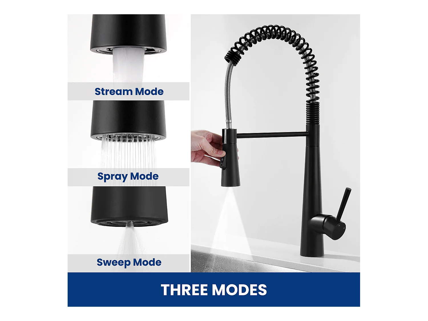 Cecipa max Évier 1 Bac 60×45cm Évier Inox Brossé avec Panier de Drainage + Mitigeur de Cuisine à Ressort avec 3 Modes de Sortie D'eau, Noir