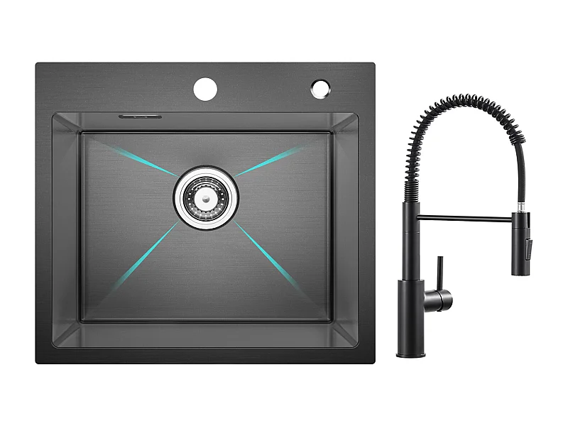 Cecipa max Évier Inox Évier 1 Bac 50 × 45 cm Évier de Cuisine en 201 Nanomètres Noir + Mitigeur de Cuisine à Ressort Noir avec Douchette Extractible
