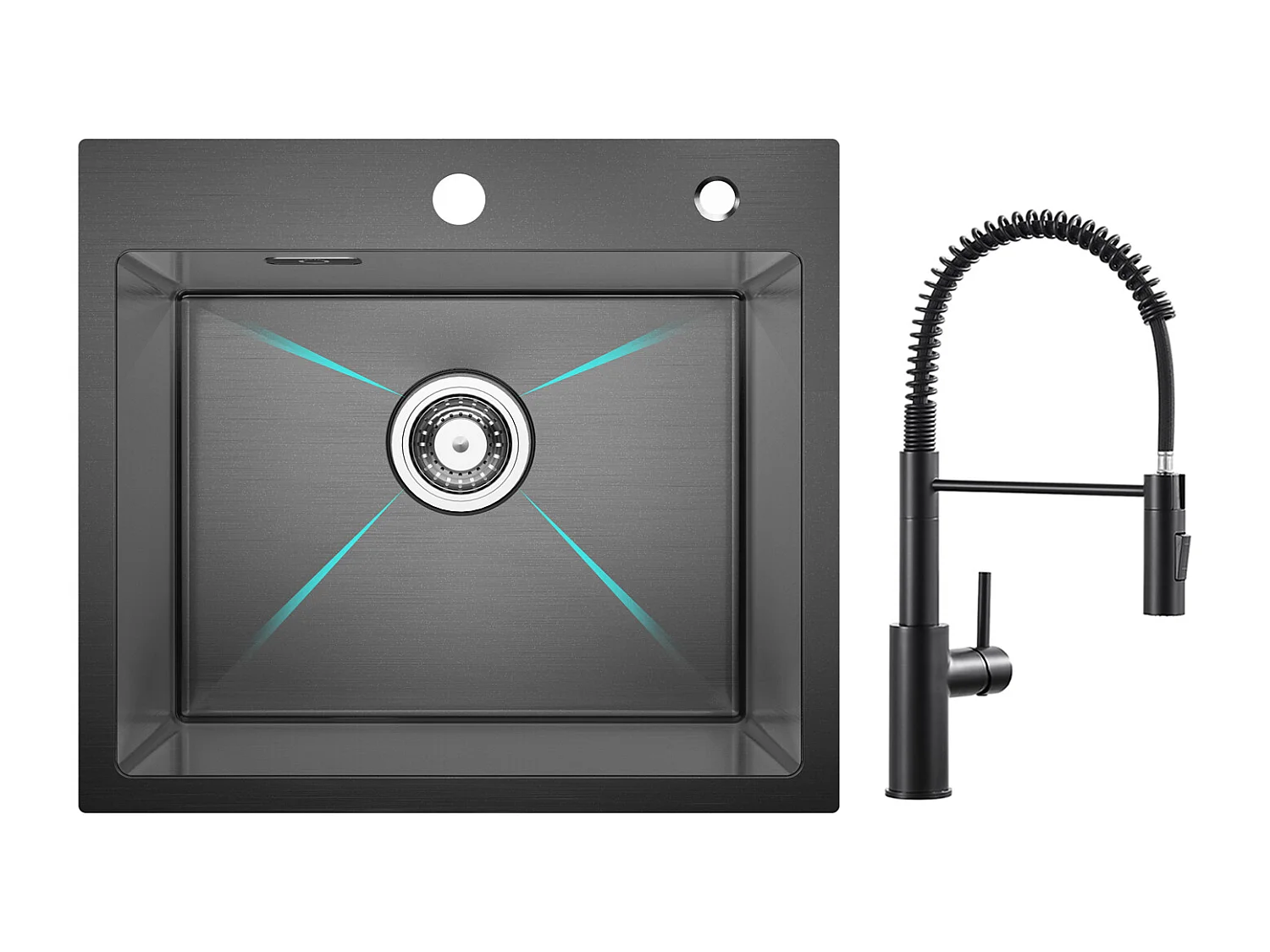 Cecipa max Évier Inox Évier 1 Bac 50 × 45 cm Évier de Cuisine en 201 Nanomètres Noir + Mitigeur de Cuisine à Ressort Noir avec Douchette Extractible