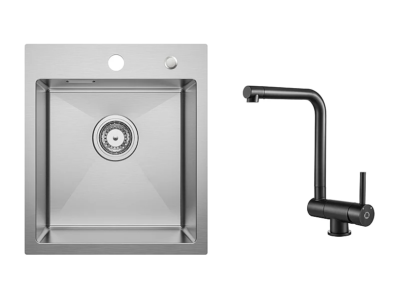 Cecipa MAX Évier Cuisine 1 Bac 40 × 45 cm Évier Inox Brossé + Mitigeur de Cuisine Rabattable Noir