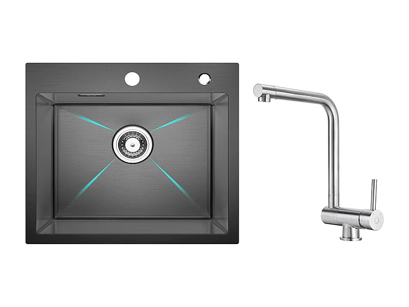 Cecipa MAX keukenspoelbak 1 kom 50×45×18,5CM zwarte roestvrijstalen spoelbak + geborstelde opvouwbare keukenmengkraan