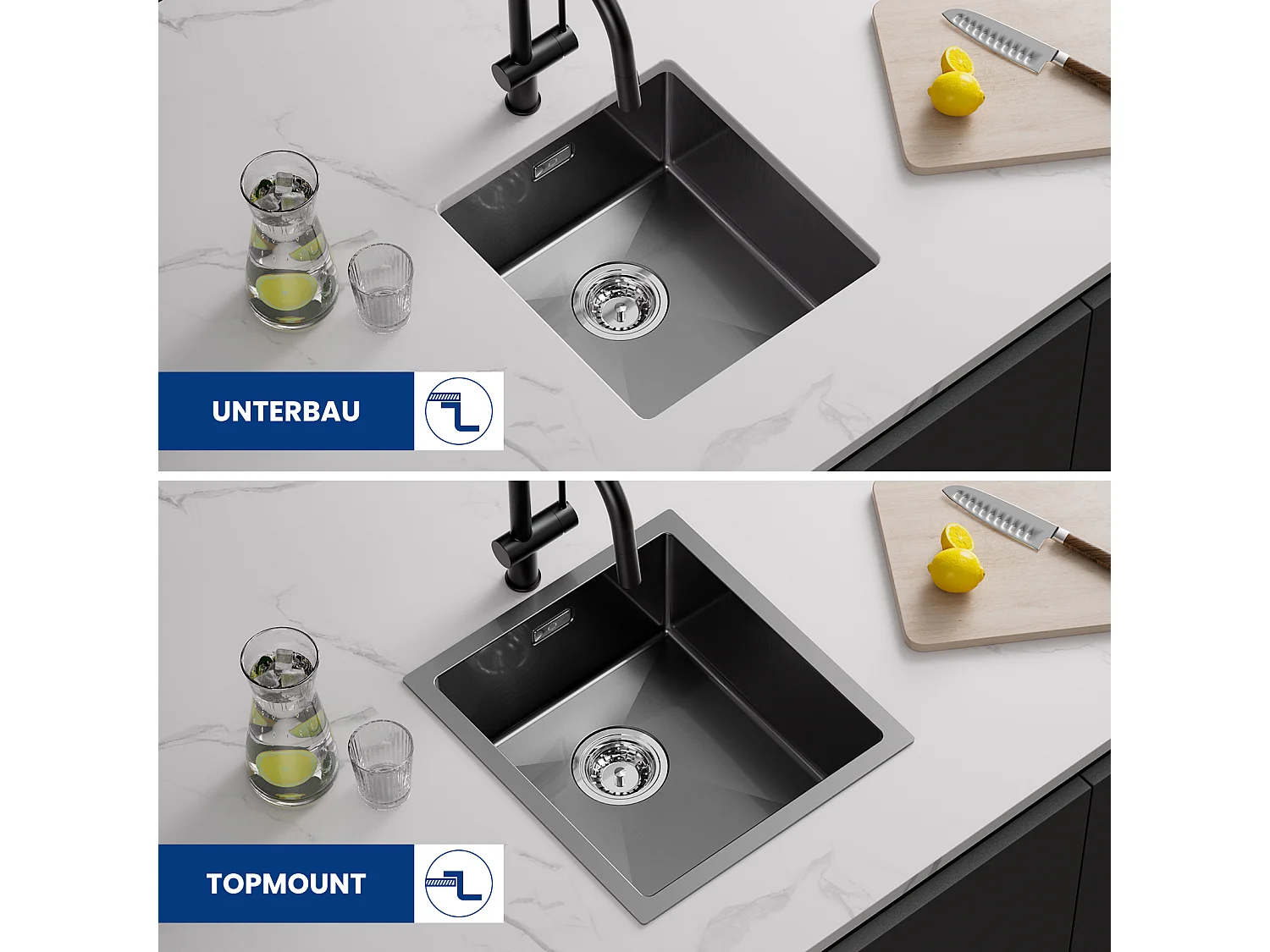 Cecipa max Évier Inox Encastré 40*44*19 cm - Évier de Cuisine 1 Bac Noir + Distributeur de Savon de Cuisine Noir