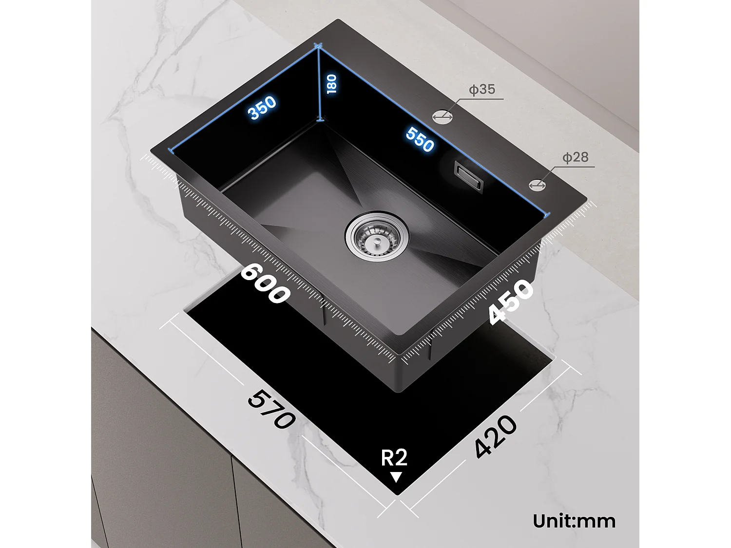Évier de Cuisine Inox 60×45cm, Évier 1 Bac avec Panier de Drainage + Mitigeur de Cuisine Avec Douchette Extractible, 2 Modes de Sortie D'eau, Noir