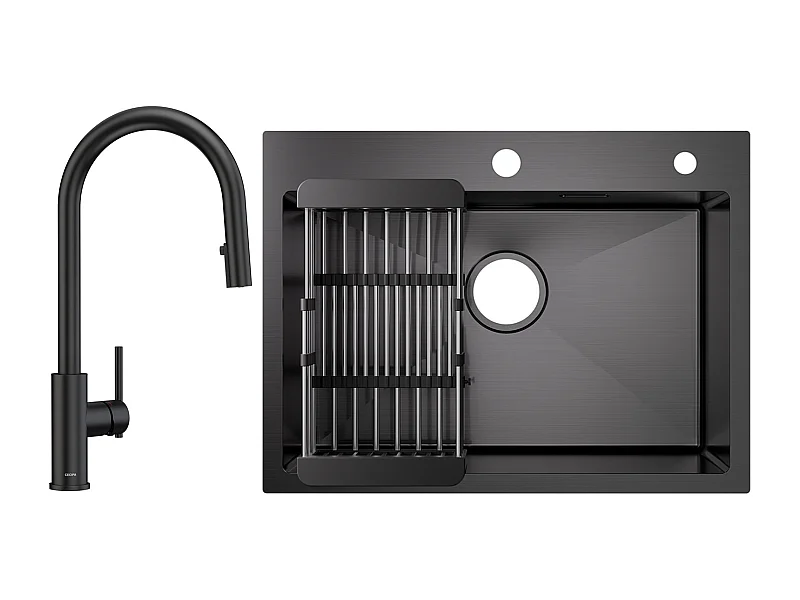Évier de Cuisine Inox 60×45cm, Évier 1 Bac avec Panier de Drainage + Mitigeur de Cuisine Avec Douchette Extractible, 2 Modes de Sortie D'eau, Noir