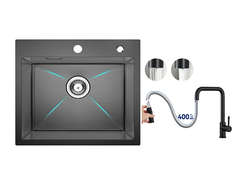 Cecipa MAX Fregadero de Cocina 1 Seno 50×45×18,5CM Fregadero de Acero Inoxidable Negro + Grifo Monomando con Ducha Extraíble, Negro